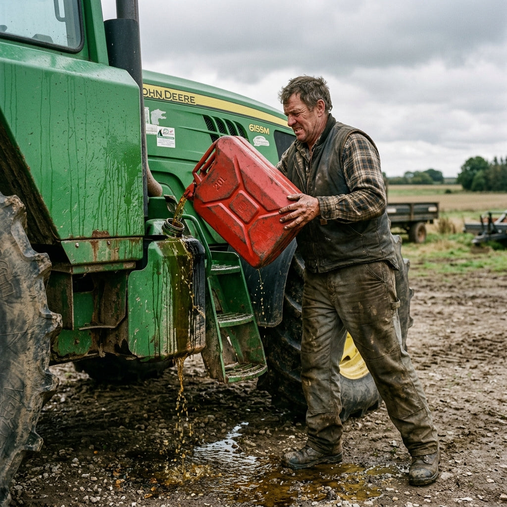 Mann gießt Benzin aus schwerem Kanister in Traktor und verschüttet Kraftstoff – Problem beim Umfüllen ohne Pumpe