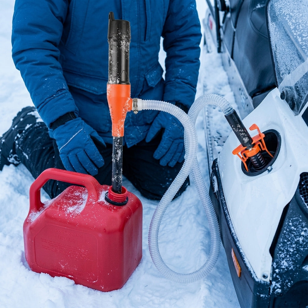Benzin umfüllen im Winter mit kraftstoffpumpe aus Kanister ohne Verschütten im Schnee